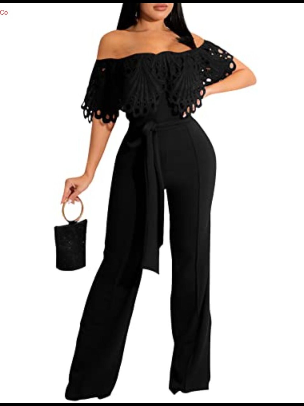 Off Shoulder Ruffle Wide Leg Jumpsuit with Belt Sleeveless